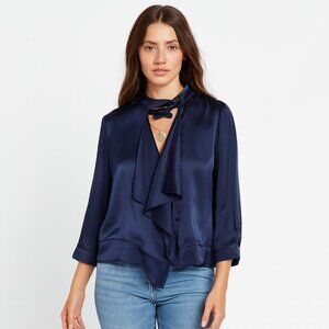 VIOLA Navy Blue Satin Ruffle Neck Blouse Asymmetrical Tie Front Top NWT Size 38‎